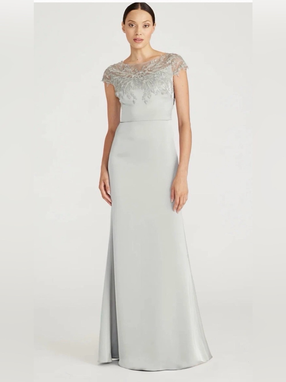 THEIA Cosette Applique Satin Gown Sz 2 in Silvershade $895 | New, Read